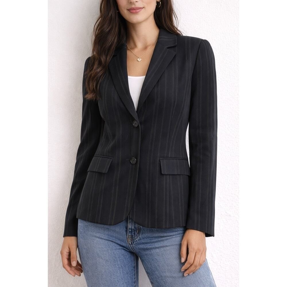 Valerie Stevens Pinstripe Blazer Jacket Women Size 12 Black Career Office Jacket - Picture 2 of 5